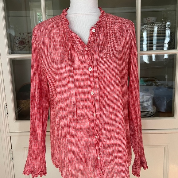 Agnes B. Cotton Gingham Button Down Blouse, Size M-L/44, Red & White - Picture 4 of 10
